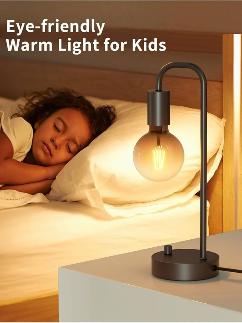 Modern Black Metal Table Lamp with Amber Glass Bulb Dimmable